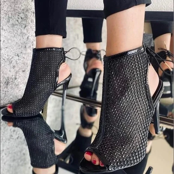 Sexy Black Peeptoe Rhinestone Mesh Strappy Lace Up High Heel Booties - Picture 1 of 4